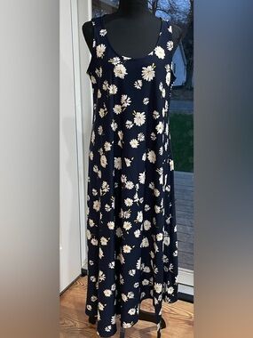 Boho Daisy Print Flowy Maxi Dress Navy Blue Sleeveless Summer Beach Sundress L